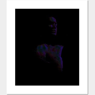 Portrait, digital collage, special processing. Beautiful girl in dark place. Breasts in bra. Violet and green. Posters and Art